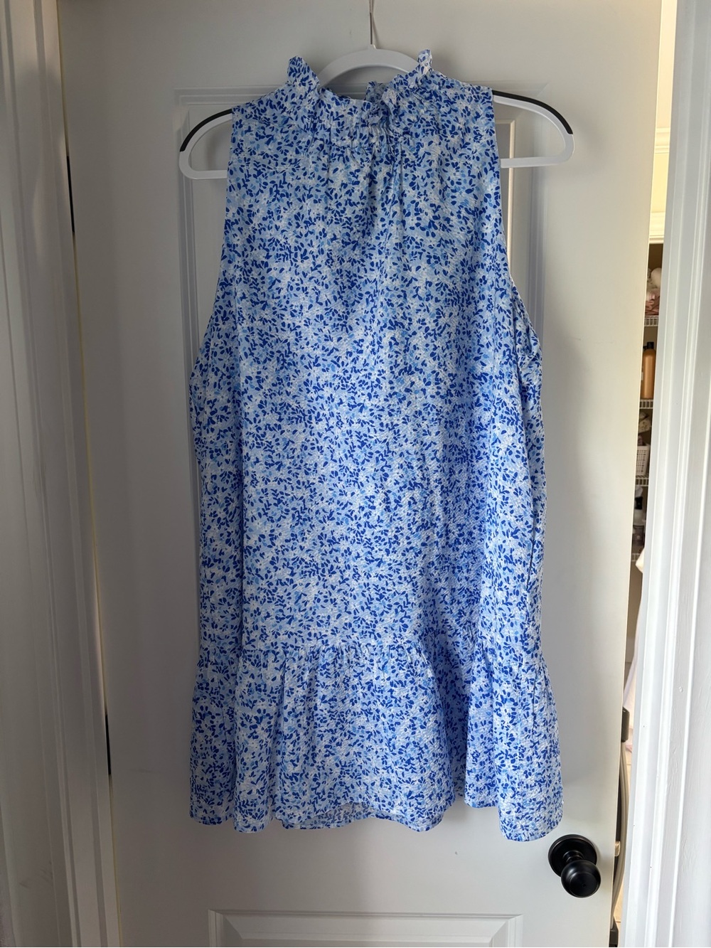 Blue and White Floral Sleeveless Ruffle Hem Dress